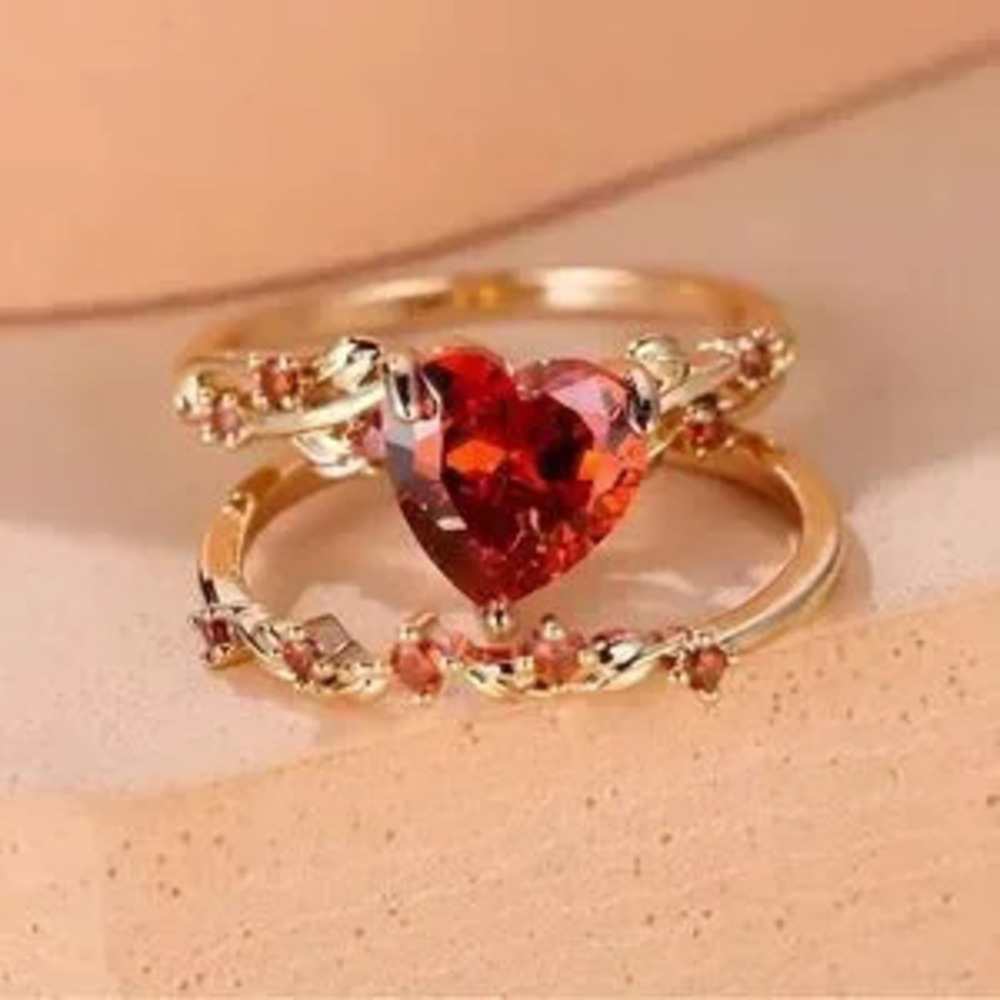 Engagement Heart-Shaped Red Gemstone Gold Ring Set 6, 8